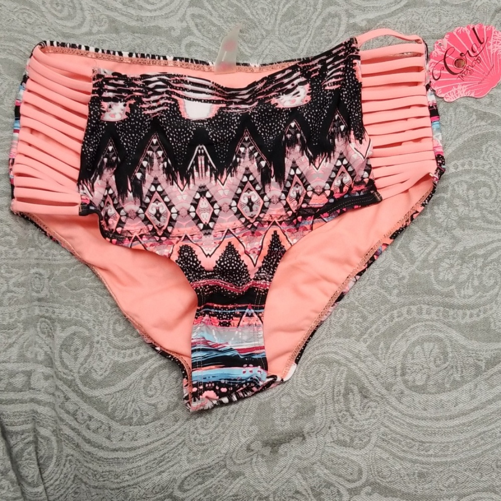 NEW high waist strappy swim bottom CoralTropics XL
